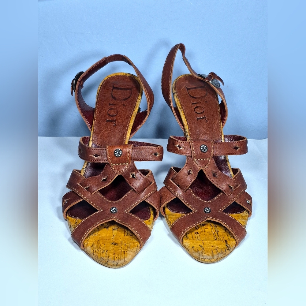 Dior Brown Logo Coin Strap Heels 38 1/2